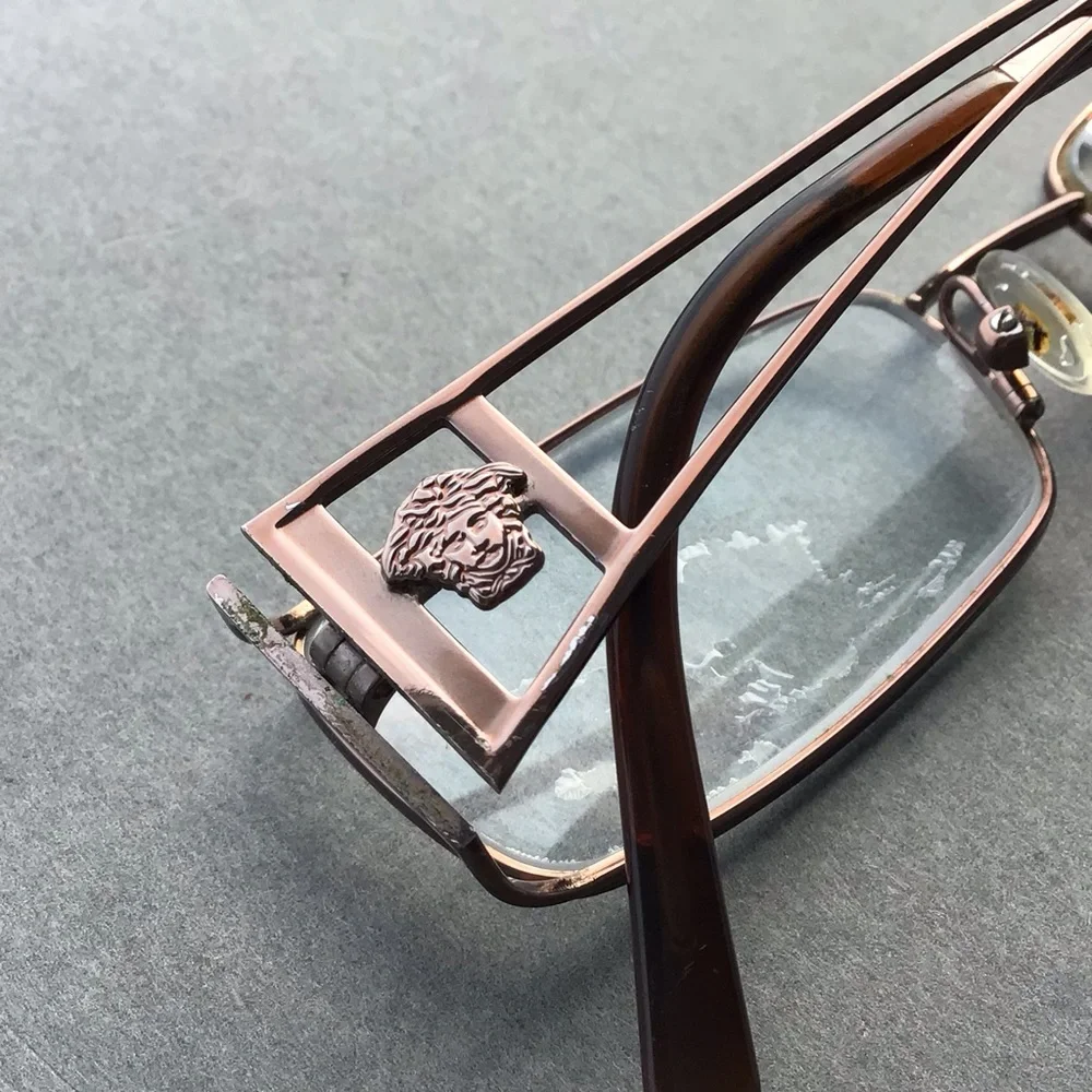 Vintage Versace Rectangular Metal Frame Eyeglasses in Bronze and Tortoise